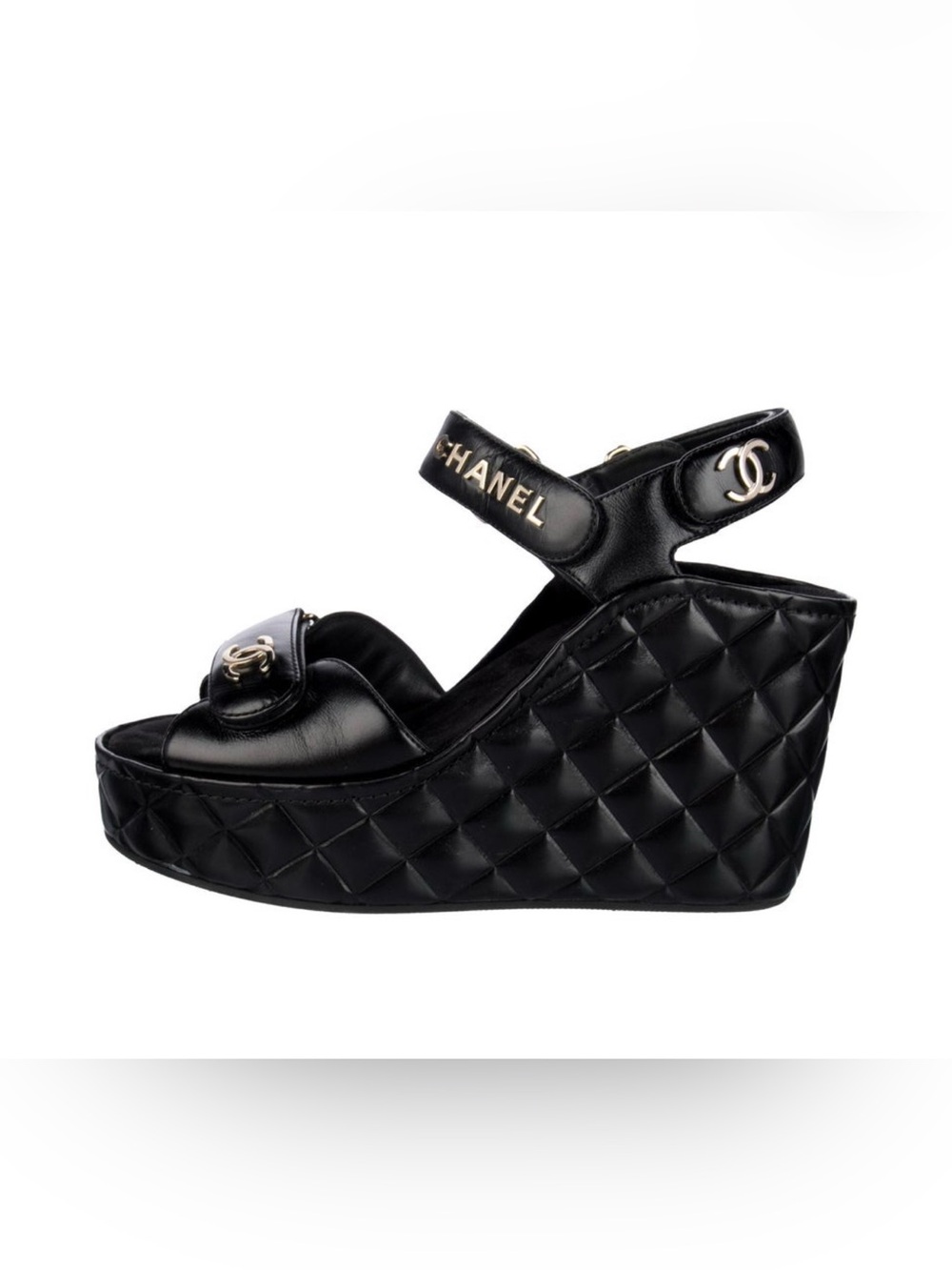 CHANEL Black Quilted Leather Wedge 2021 Interlocking CC Collection 39 COA